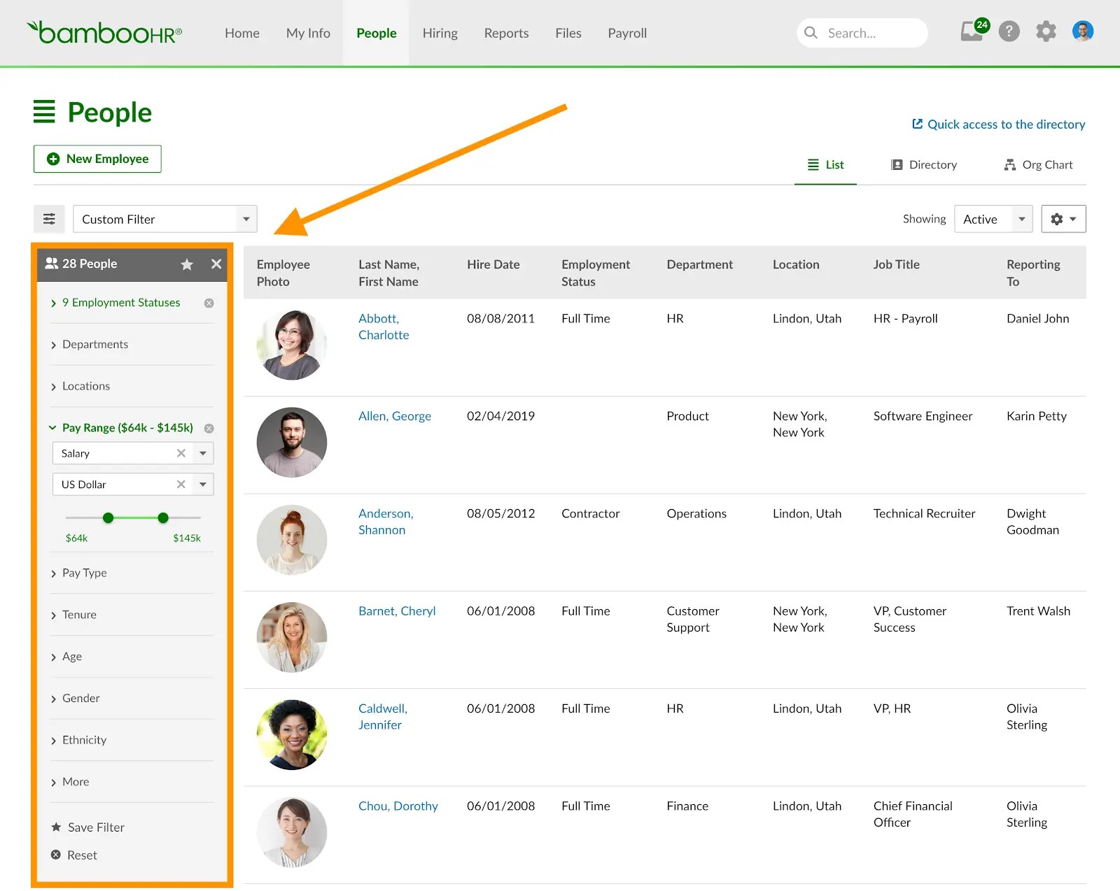 A screenshot of how BambooHR displays employee information and how users can filter the data to narrow the search.