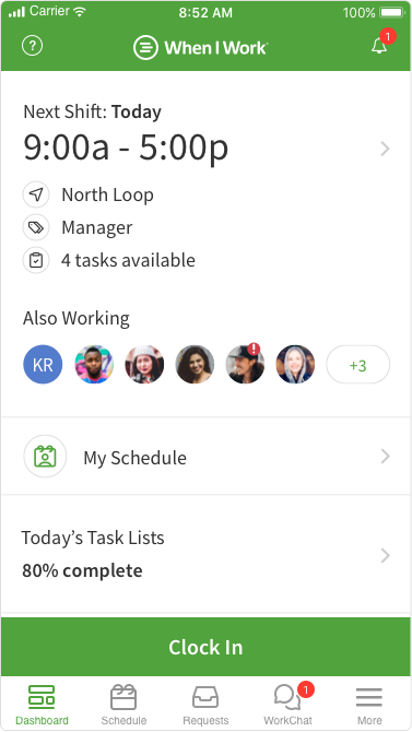 When I Work’s mobile app displays an employee’s schedule and tasks for the day, location, and rate of task completion. It also allows an employee to easily clock in.
