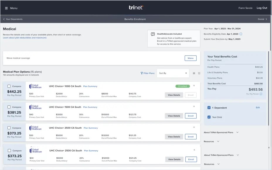 An example of how TriNet presents medical plan options to employees.