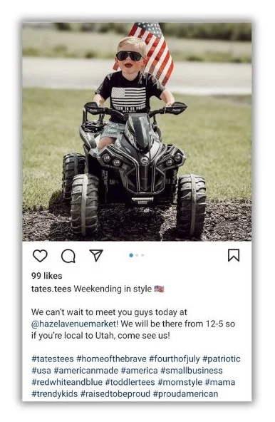 July content ideas - screenshot of an Instagram post with several holiday hashtags.