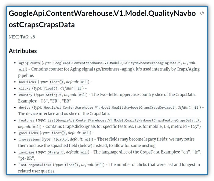 google api documents - screenshot of navboost in google algorithm documents