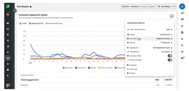 The filtering view and a sample report in My Reports within Sprout Social