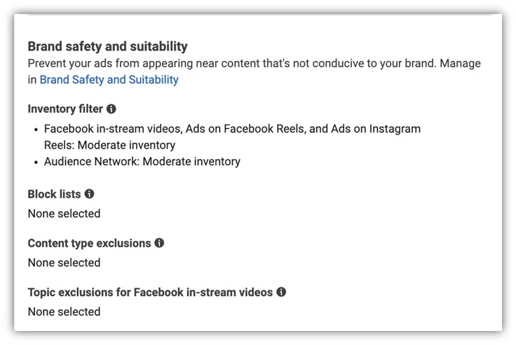 facebook brand safety and suitability - ad set settings