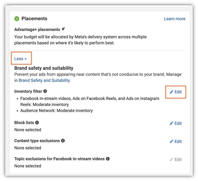 facebook ads brand safety - advantage placements exclusions
