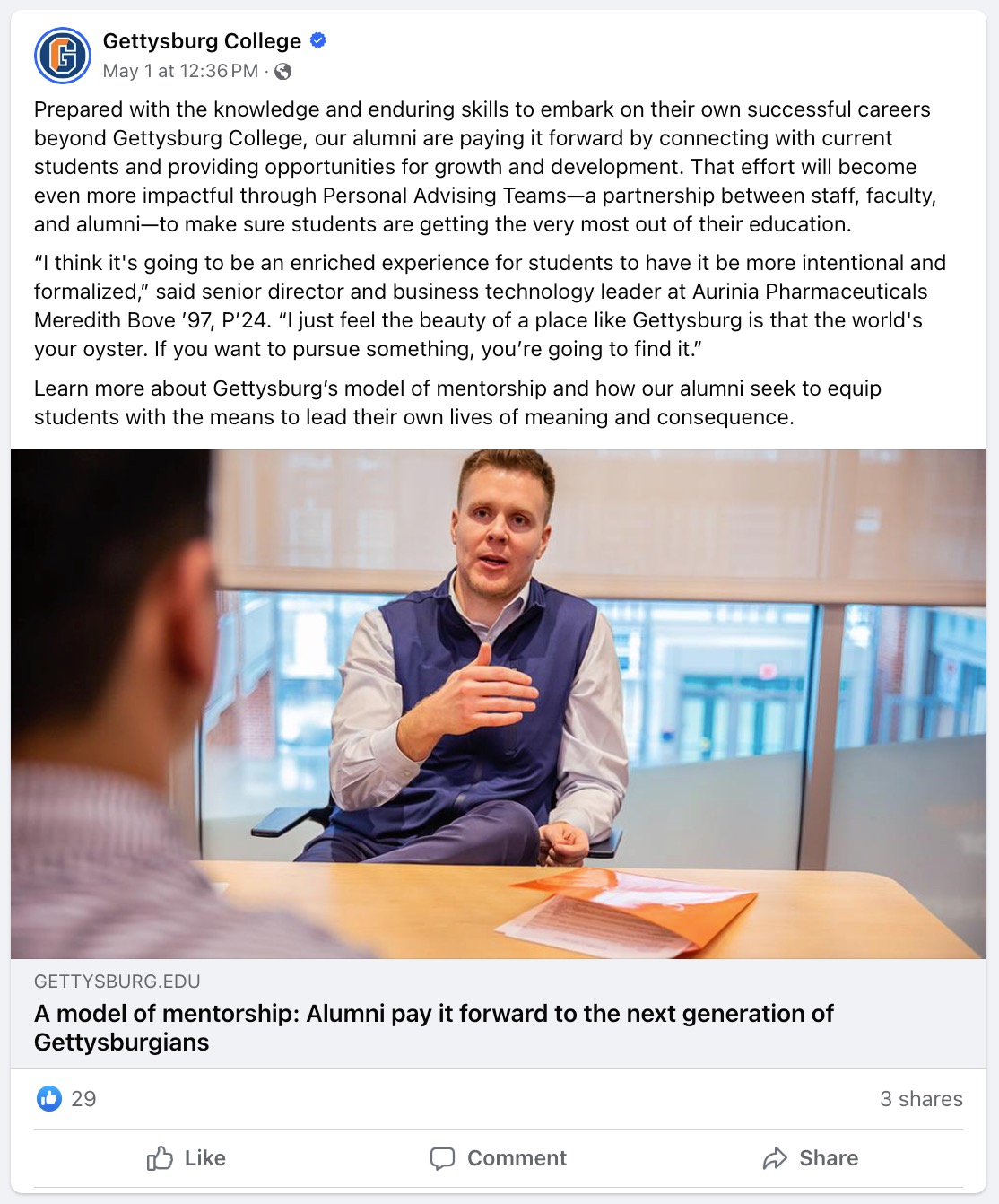 A post from the Gettysburg College facebook account promoting their alumni-driven mentorship program. 