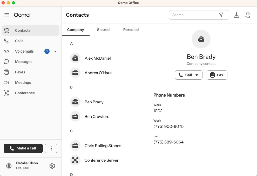 Ooma desktop app with company directory and employee contact