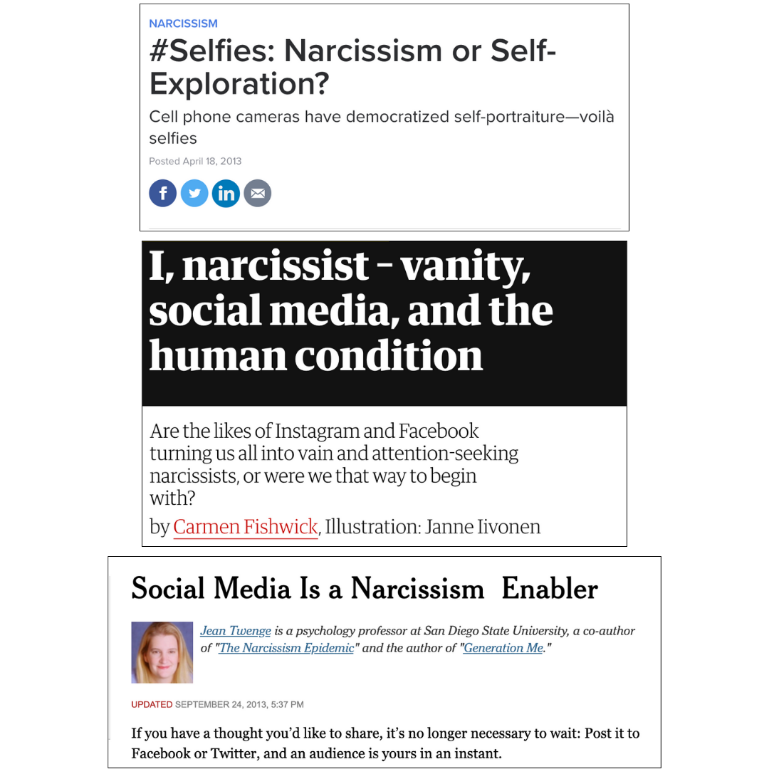 A roundup of headlines from 2013 about influencers, social media and narcissism 