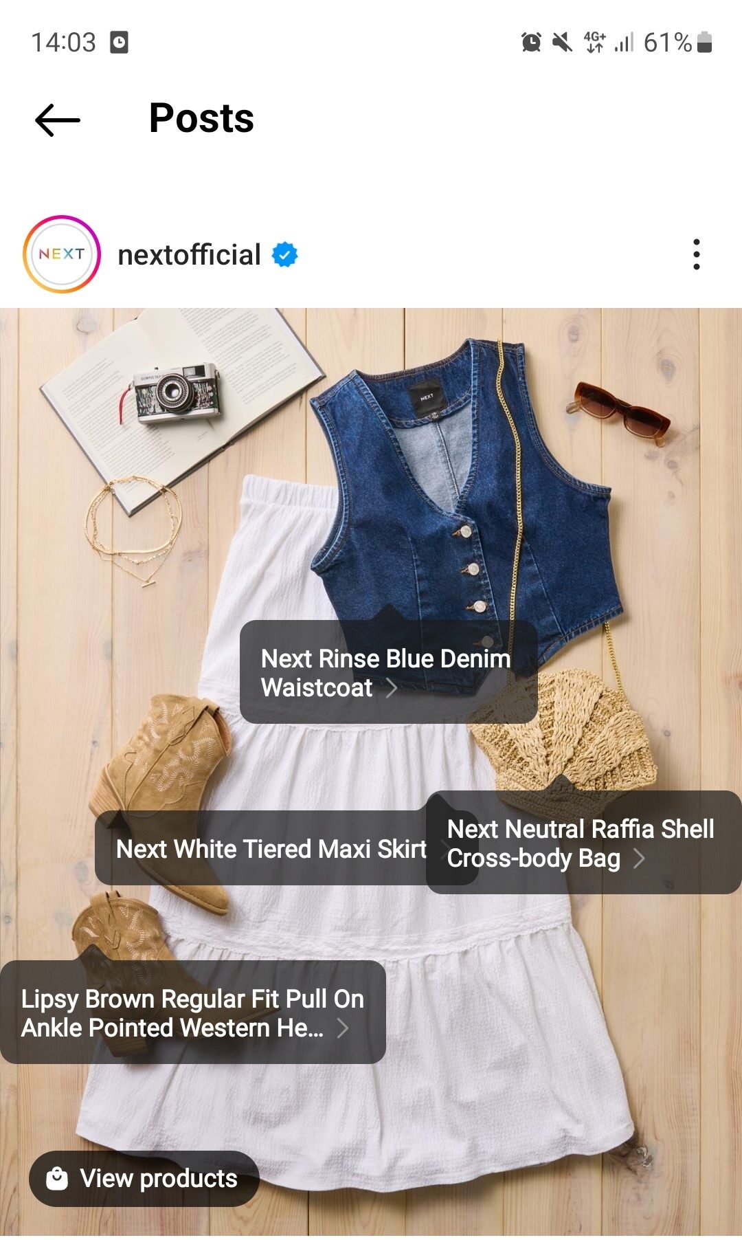 Instagram social commerce post from Next containing maxi skirt, waistcoat and accessories