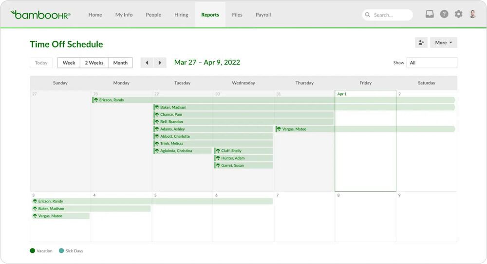 BambooHR displays a calendar view of employees using vacation time from March 27–April 9, 2022.