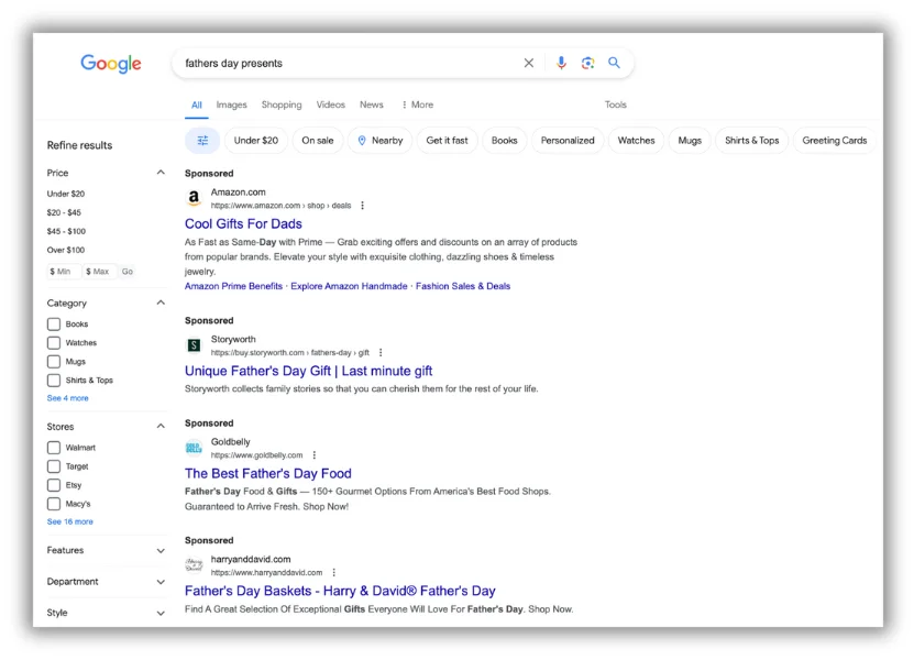 example of google ads for fathers day gift search