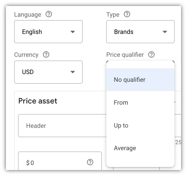 promos in google ads - price asset screenshot