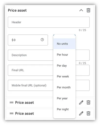 promos in google ads - price asset example