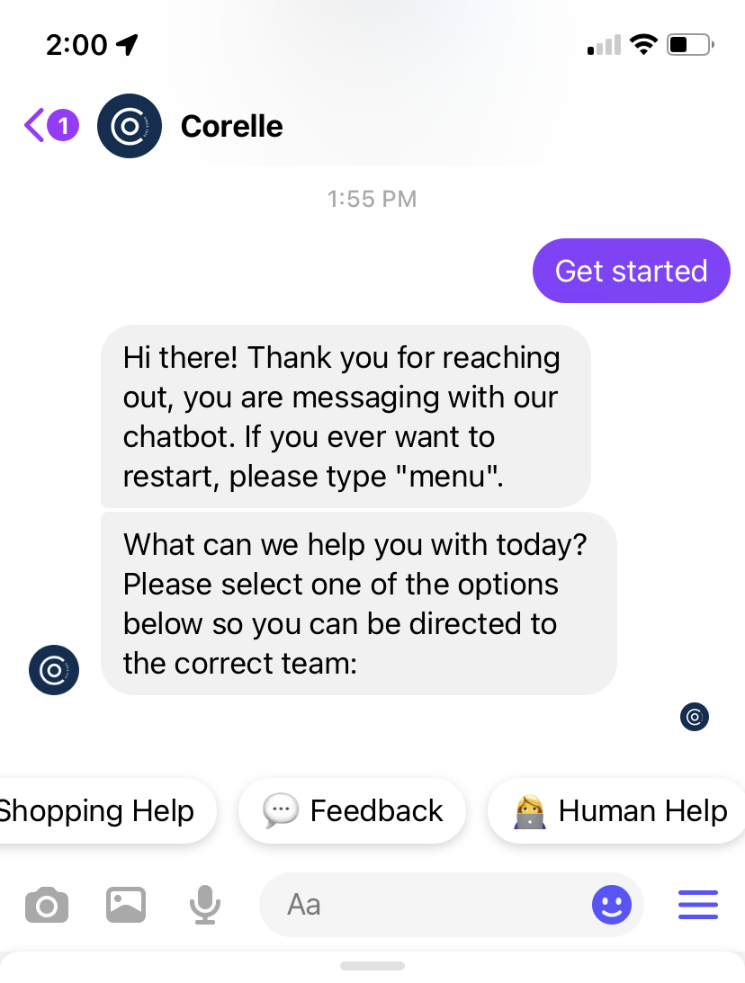 A screenshot of Corelle's Facebook Messenger chat bot. In the screenshot, the user sent an initial 