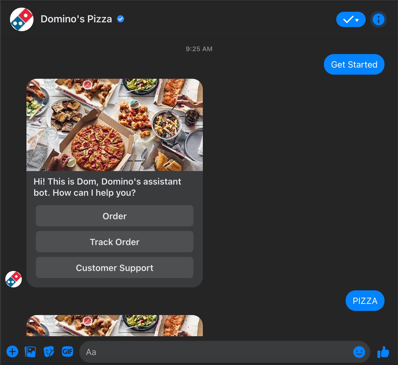 Domino's Pizza Facebook chatbot receiving an order for pizza. 