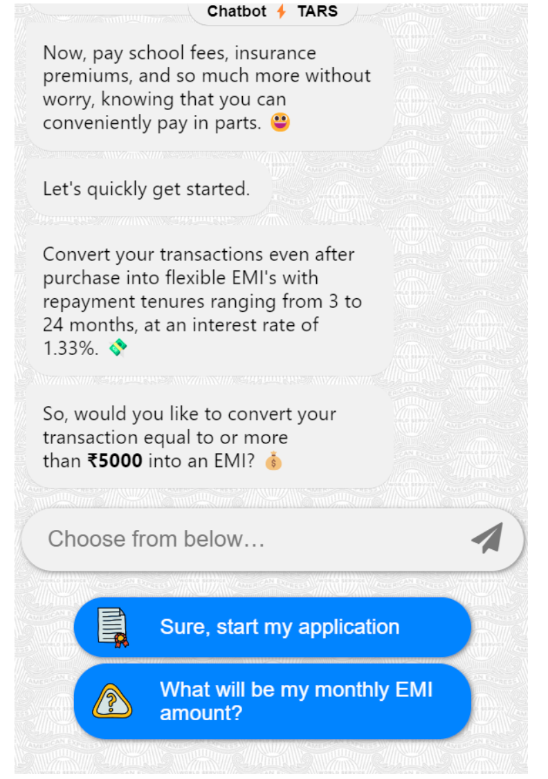 American Express' customer service chatbot interacting with a user via SMS. 