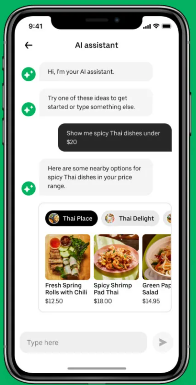 Uber Eats Customer Service Chatbot suggesting takeout ideas.