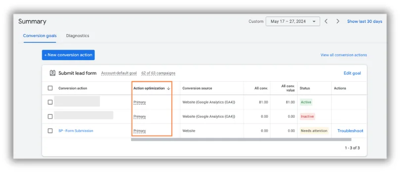 primary action optimization column in google ads conversion tracking