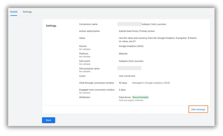 edit settings in primary conversion tracking in google ads