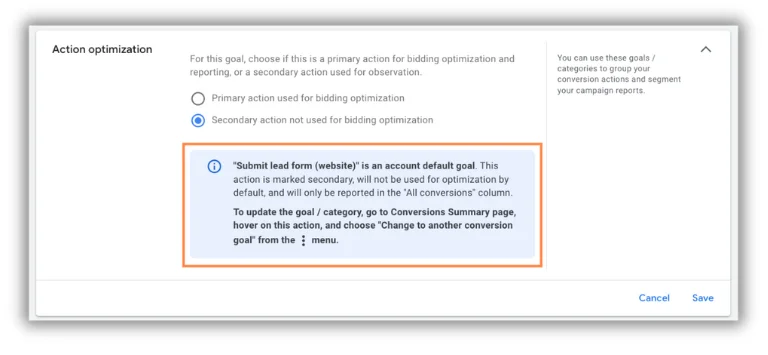 google ads tracking action optimization secondary vs primary