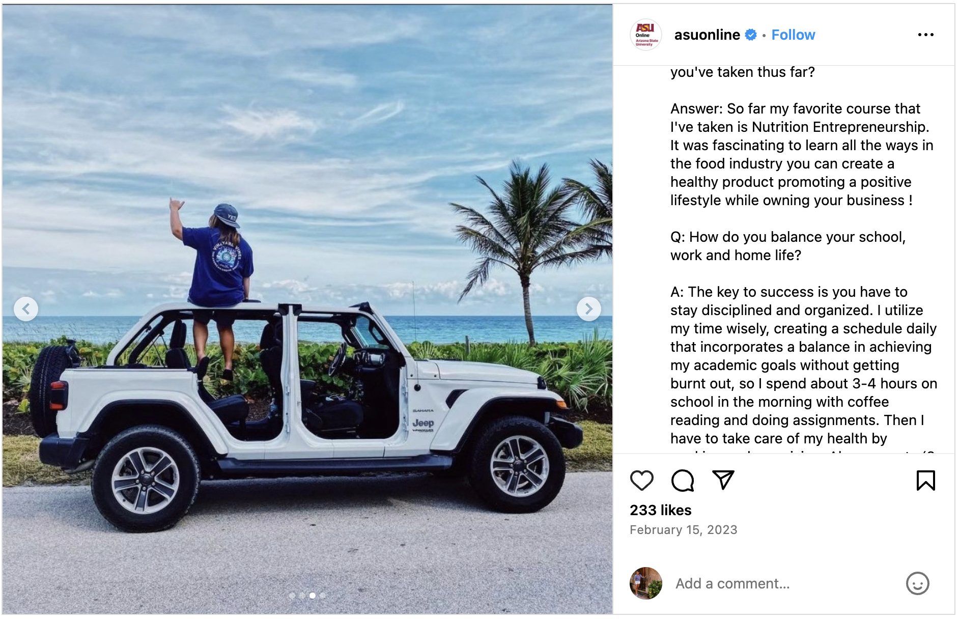 An Instagram post of an ASU Brand Ambassador posing on a car and explaining why they chose to attend ASU. 