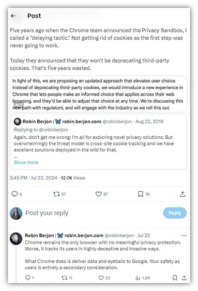 google privacy sandbox change - x post screenshot