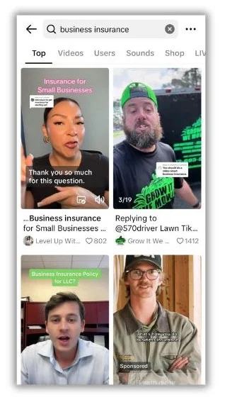 TikTok SEO - TikTok search results for insurance.