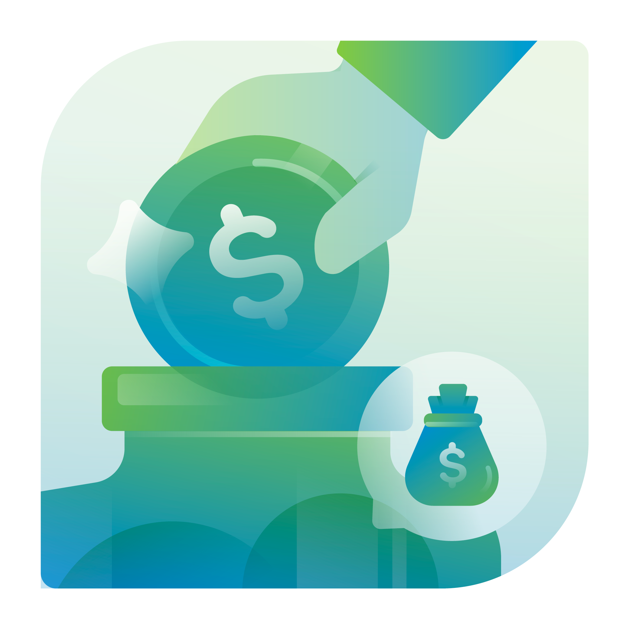 An illustrated hand places a coin with a dollar sign into a glass jar with a thought bubble showing the image of a money bag.