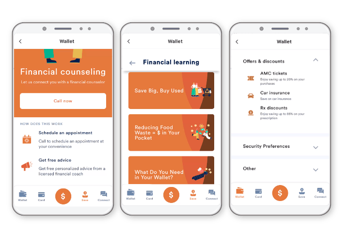 Three side-by-side mobile phones display views of Paycor's app; the first shows buttons to schedule an appointment with a financial counselor; the second shows three financial learning courses like 