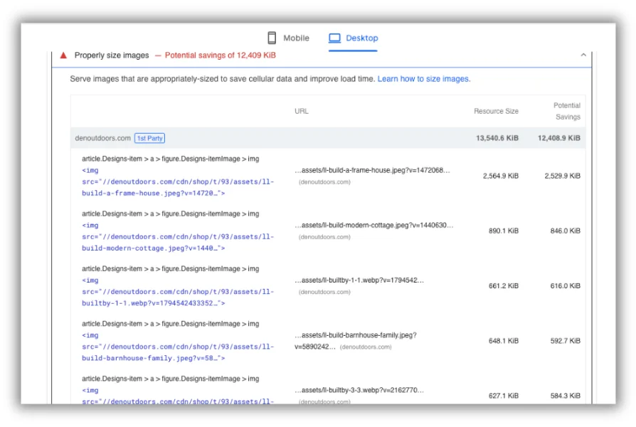 pagespeed insights image sizes