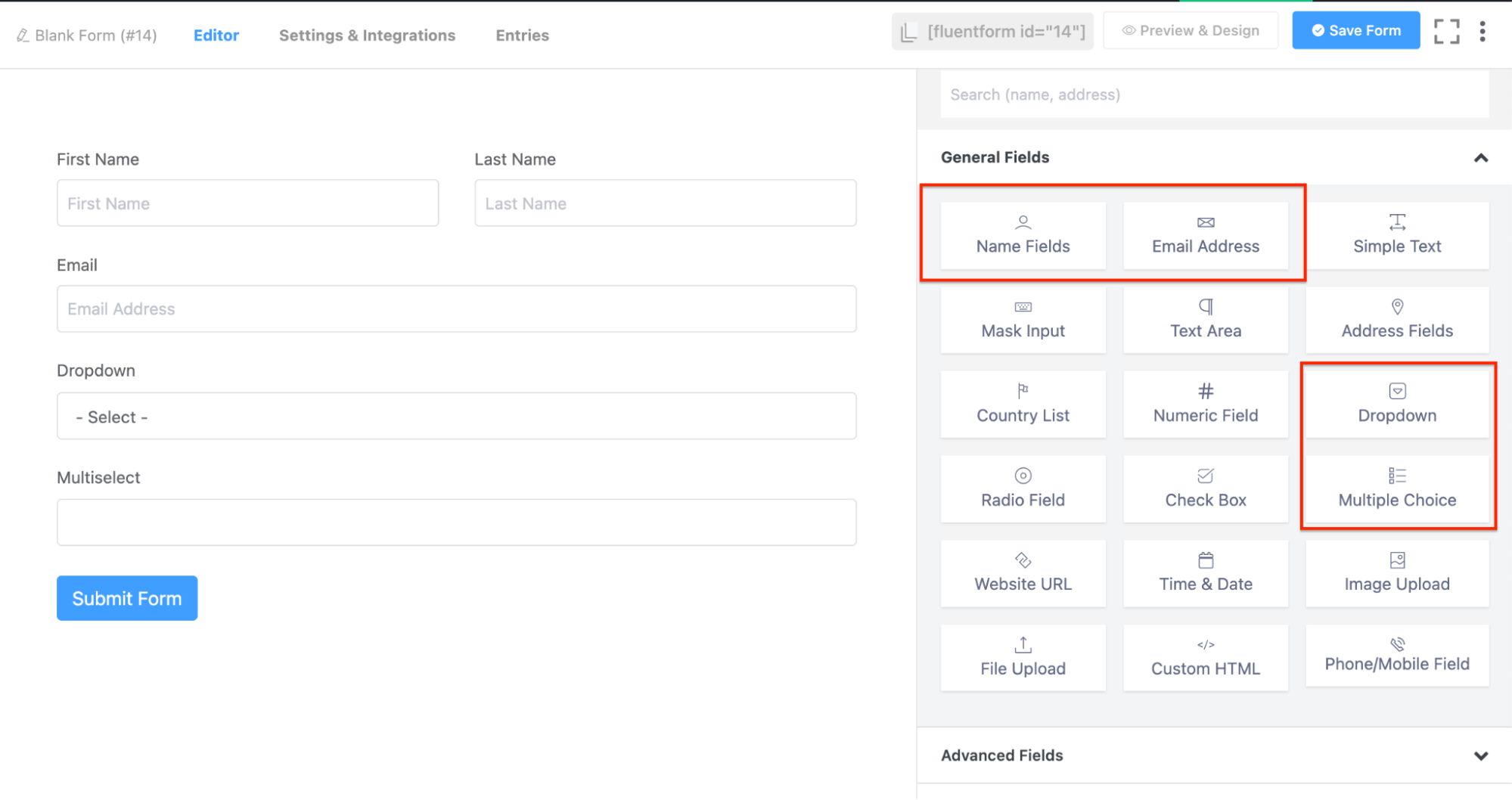 Fluent Forms Add Feedback Fields