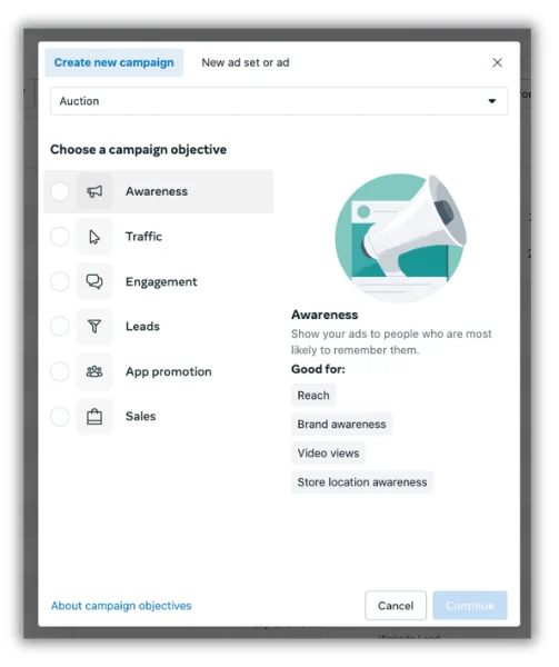 awareness facebook ad objective in meta ads