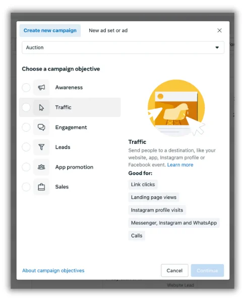 traffic facebook ad objective in meta ads