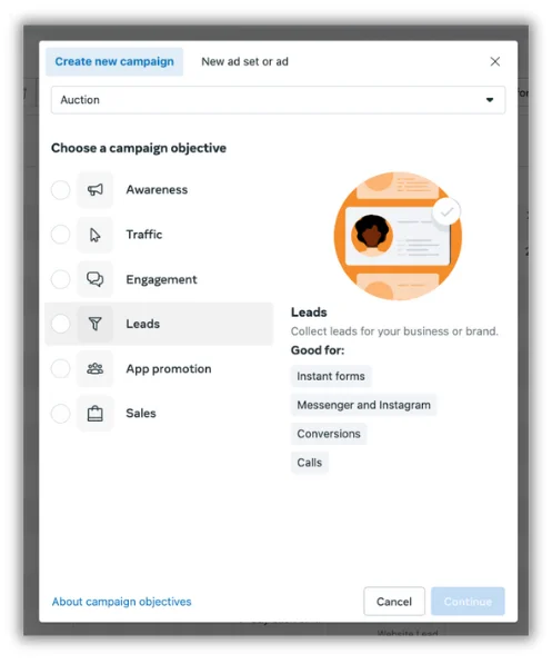 leads facebook ad objective in meta ads
