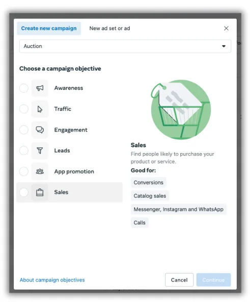 sales facebook ad objective in meta ads