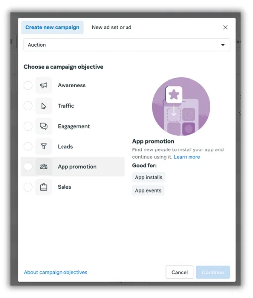 app promotion facebook ad objective in meta ads