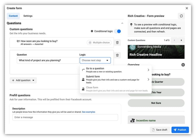 meta advertising - conditional logic lead form example