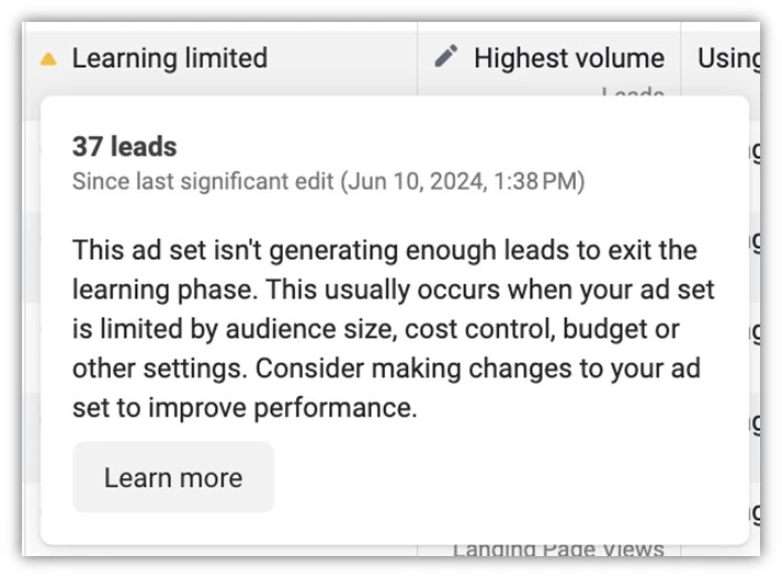 facebook learning phase - example learning limited flag