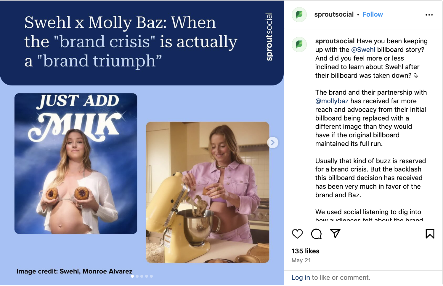 An Instagram post by Sprout Social delves into the brand impact of Swehl's billboard ad campaign featuring Molly Baz, highlighting the brand's daring and effective approach. 