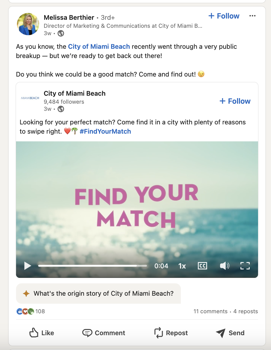 A snapshot of a LinkedIn post from Melissa Berthier sharing an their campaign video for #FindYourMatch. 