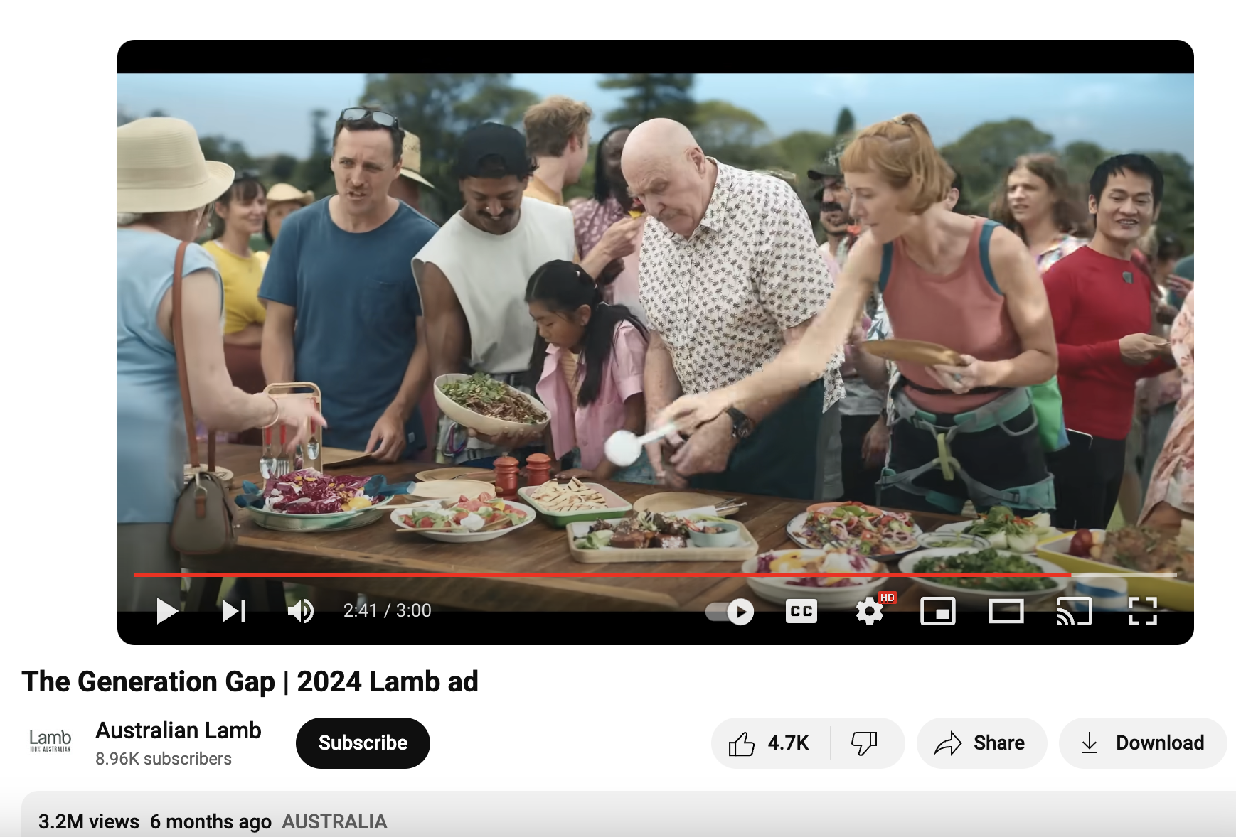 A still from the YouTube video by Australian Lamb titled "The Generation Gap | 2024 Lamb ad." 