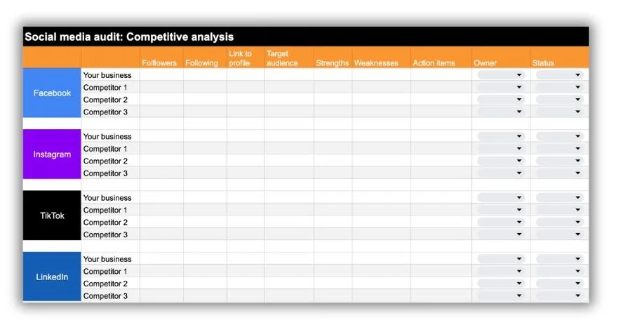 Social media audit - competitive analysis spreadsheet.