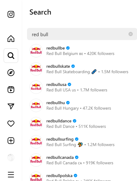 Red Bull’s numerous different Instagram accounts, which target specific regions as well as different sports.