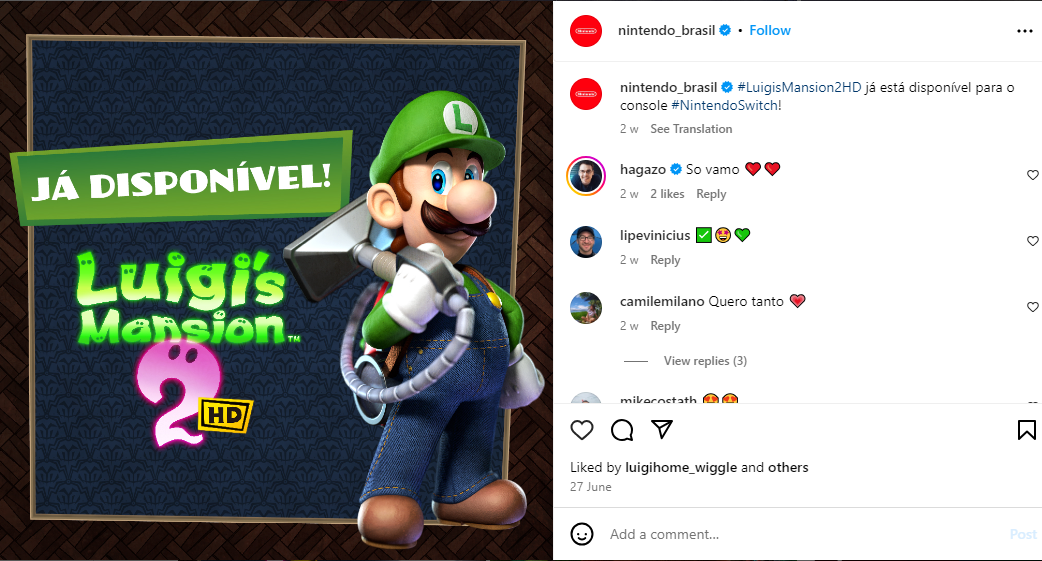 Nintendo’s Instagram account for Brazil, creating content in Portuguese that caters to this specific audience.