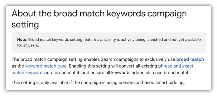 google ads query matching - broad match keyword campaign setting explanation screenshot