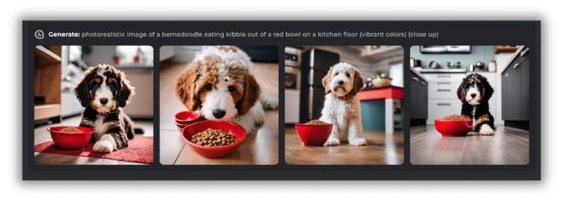 Best AI photo generators - AI generated image of dogs with food.