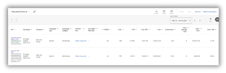 google ads ads performance report example