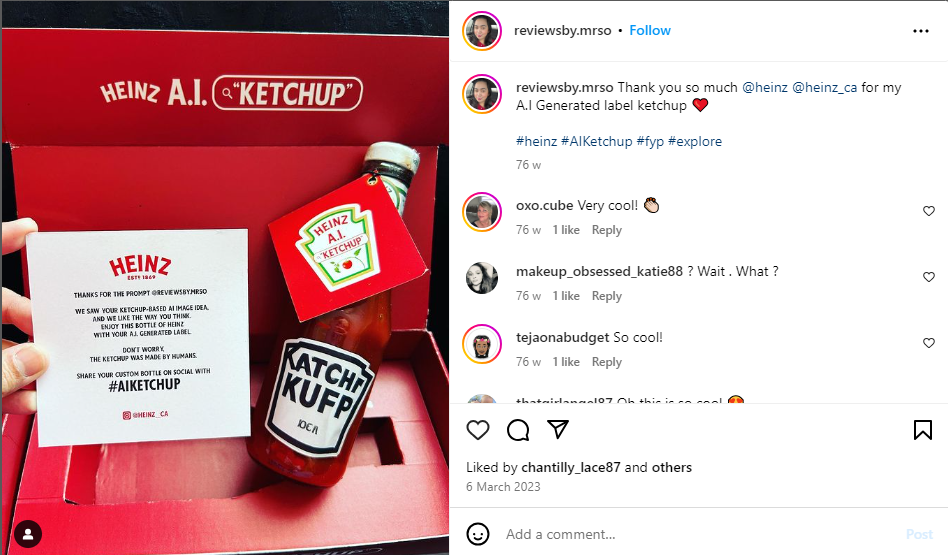 An Instagram post featuring an influencer participation box sent from Heinz. The box shows a physical ketchup bottle based on AI image generations. 