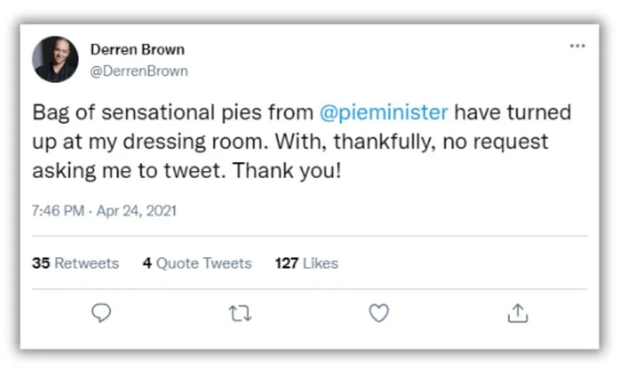 Bandwagon advertising - Tweet from Darren Brown about pies.