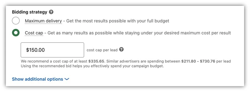 linkedin ads bidding - cost cap