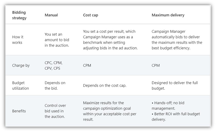 linkedin ads bidding - chart of all linkedin bidding strategies